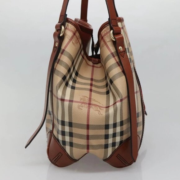 BURBERRY Nova Check Blue Label Tote Bag PVC Suede Beige Brown gold Auth 133568 - Picture 5 of 16